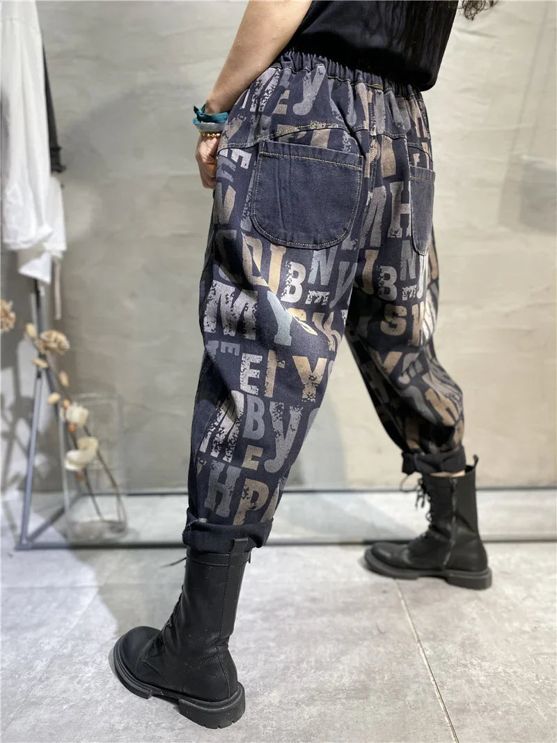 Korean Design Womens Printed Loose Jeans Fall Fashion Letter Elastic Denim Pants Ladies Leisure Punk Harem Trousers