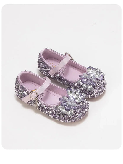 Girls Crystal Slip-On Shoes Soft Bottom Rhinestone Princess Flats Spring Autumn New Style Kids Lightweight Sweet Leather Shoes