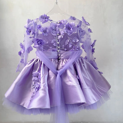 J780 Charming Full Appliqued Pearled Satin Tull Lilac Flower Girl Dress With Bow Wedding Party Spring Short Ball Gown