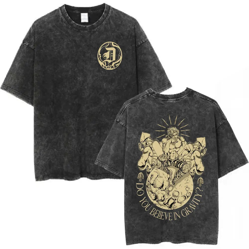 Vintage Washed Anime Jojo Bizarre Adventure T-shirt Giorno Giovanna Manga Graphic T-shirts Men's Clothing Cotton Casual T shirts