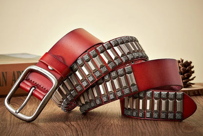 New Cowboy Motorcycle Jeans Heavy Metal Rivet Belts For Men Genuine Leather Belt Punk Rock Male Strap Ceinture Homme