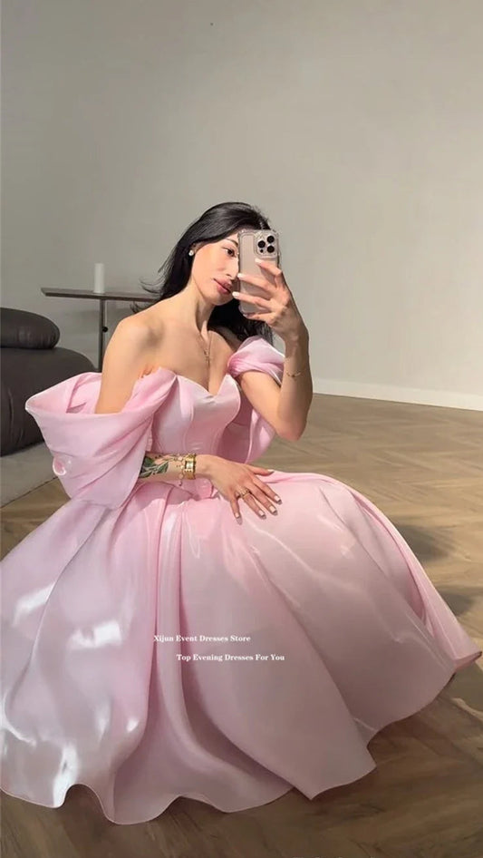 Modern Pink Evening Dresses Off The Shoulder A-Line Birthday Party Dresses Corset Shiny Ankle Length Prom Gowns Customized