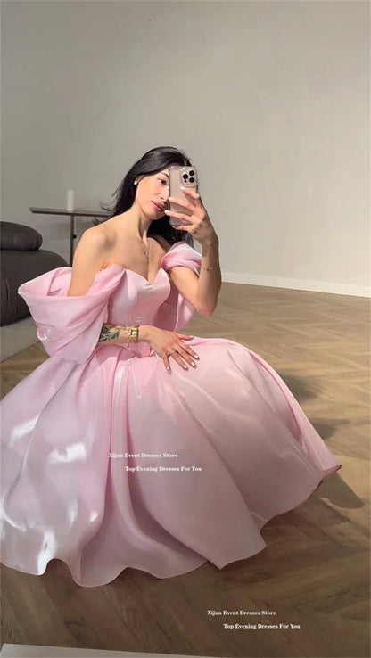 Modern Pink Evening Dresses Off The Shoulder A-Line Birthday Party Dresses Corset Shiny Ankle Length Prom Gowns Customized
