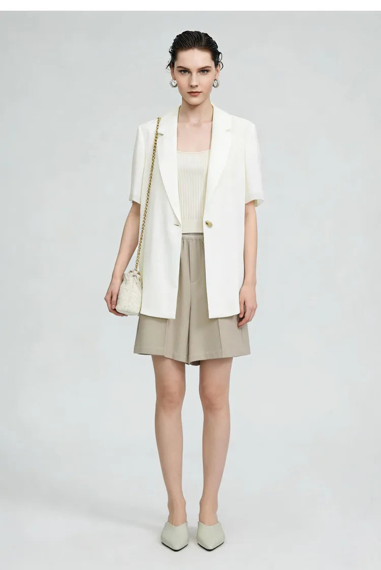 Women's Blazer 2026 Summer New Notched Lapel Chiffon Splicing Short Sleeve Jacket Women's Single Button Casual Top 12622126