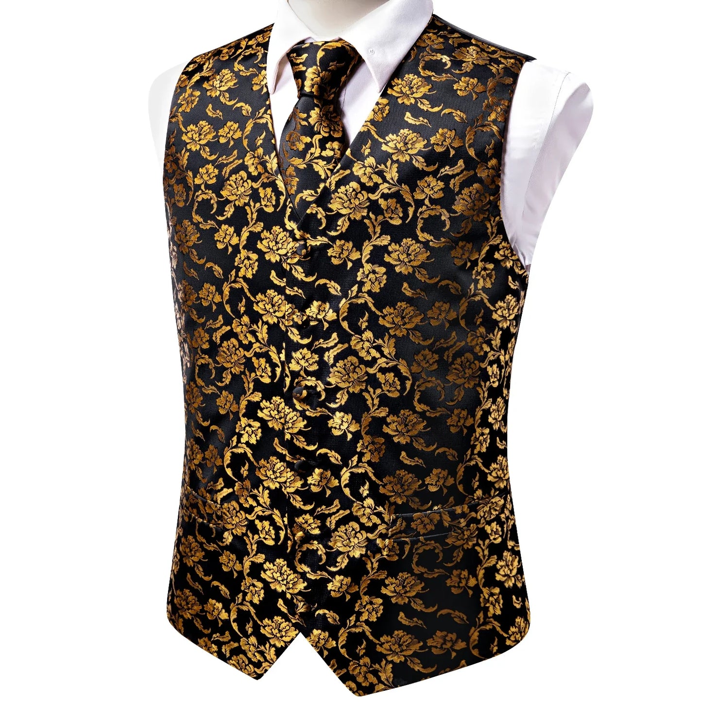 High Quality Silk Mens Vests Champagne Paisley Waistcoat Neck Tie Hanky Cufflinks Brooch Set for Men Suit Wedding Office