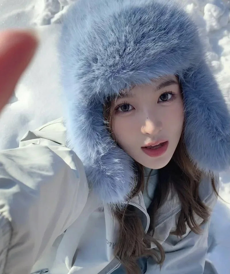 Korean Ins Imitation Mink Plush Hat Winter Women Ear Protection Bomber Hats Fashion Warm Fluffy Faux Fur Ski Beanies Y2k Gift