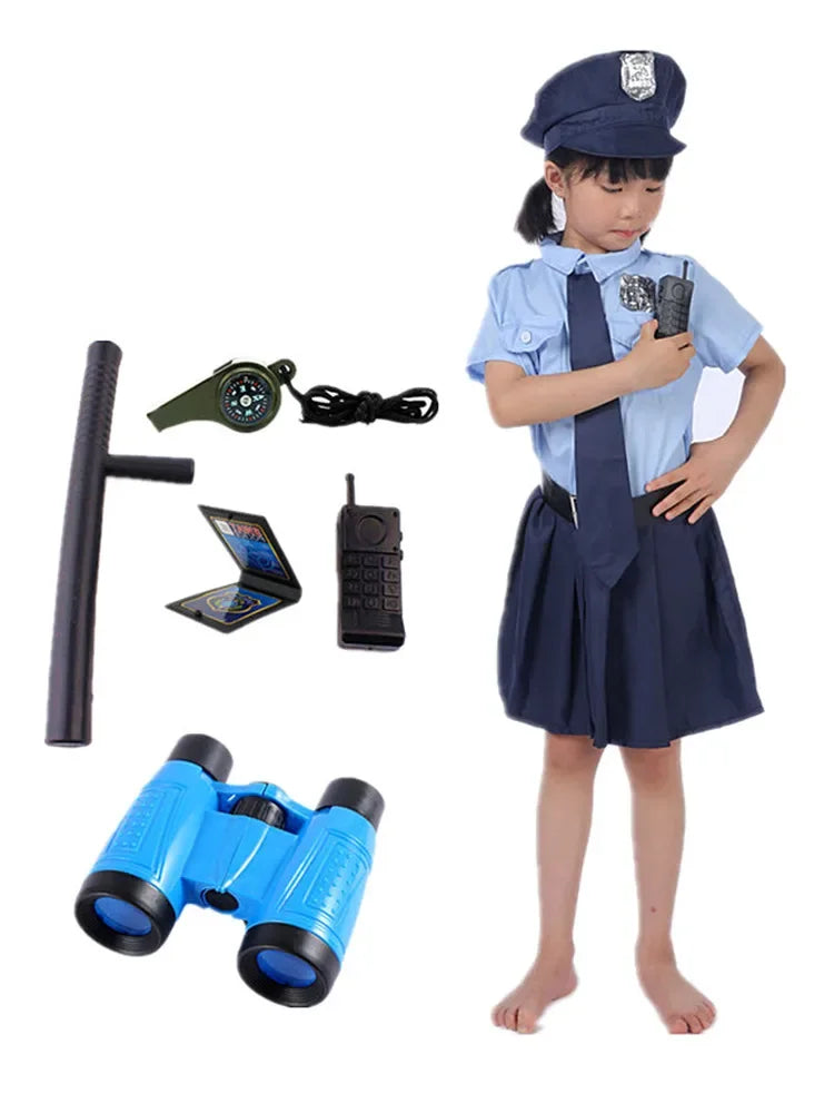 Girls Police Officer Work Uniform Halloween Role Play Button Costume Police Toy Accessory with Walkie Talkie Whistle Baton Gift