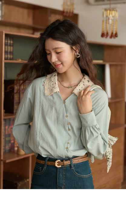 Women's Linen Shirt 2025 Autumn Contrast Apricot Lapel Shirts Long Sleeve Curved Placket Tops Office Lady MXE43C2387