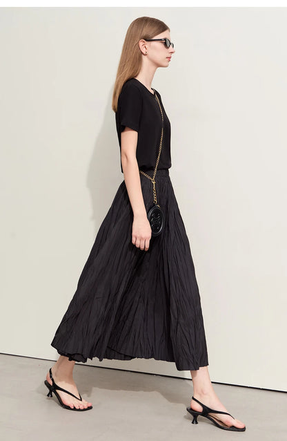 Minimalism Pleated A-Line Skirts Women 2024 Summer New Baiscs Rubber Band Waist Irregular Loose Large Hem Skirt 12442081