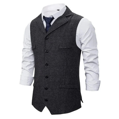 Men Vest Black Herringbone Single Button With Lapel Waistcoat For Wedding Banquet Business Office Work Casual Men Suit Vest