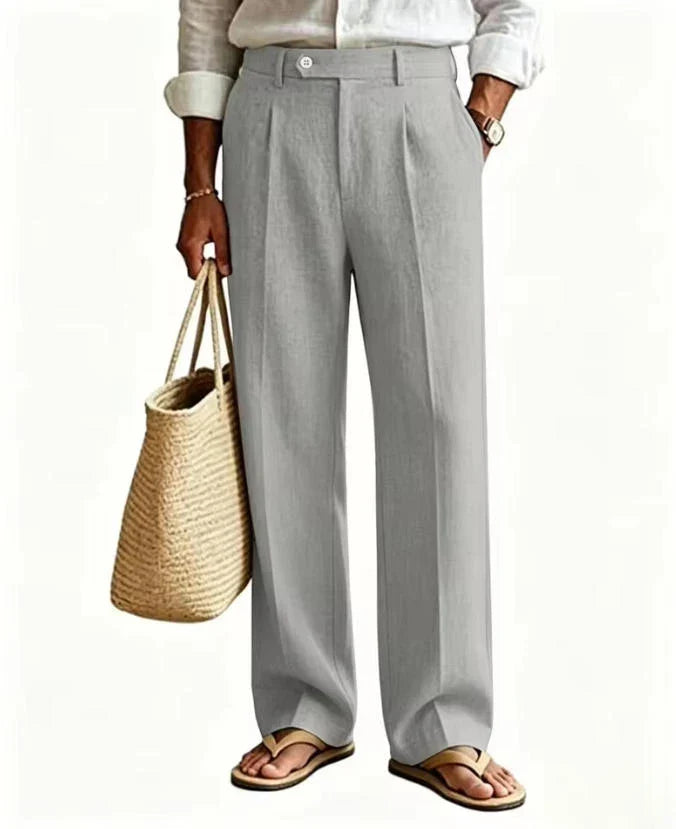 Beige Men's Linen Pants Breathable Cool Straight Leg Trousers High Waist Pleated Lightweight Summer Casual For Beach Vacation