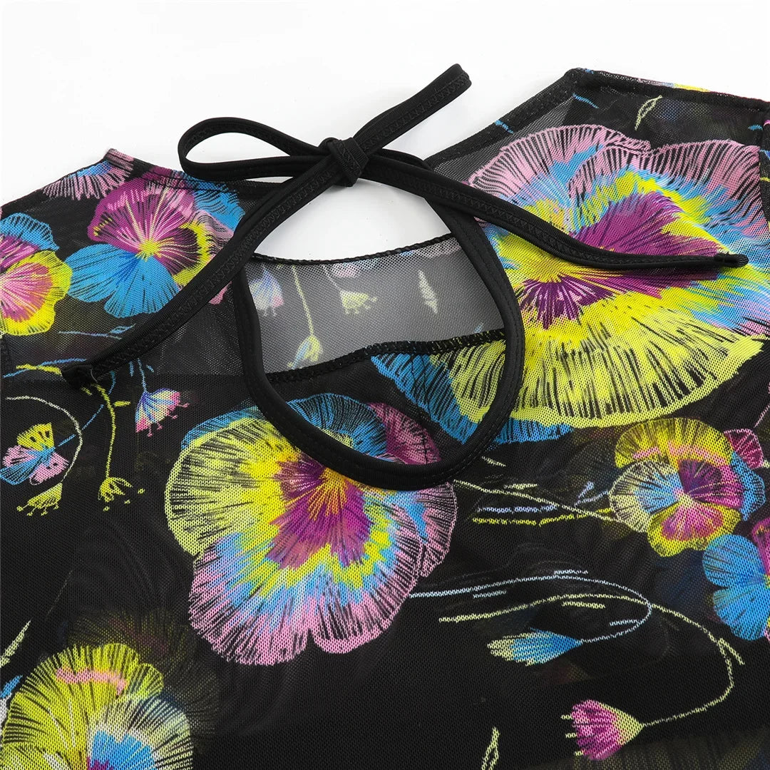 S - XXL Printed Long Sleeve With Sarong One Piece Swimsuit Women Swimwear Female Flowers Padded Bather Bathing Suit Swim V7181