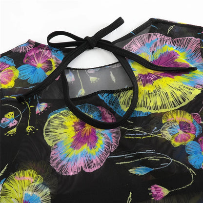 S - XXL Printed Long Sleeve With Sarong One Piece Swimsuit Women Swimwear Female Flowers Padded Bather Bathing Suit Swim V7181