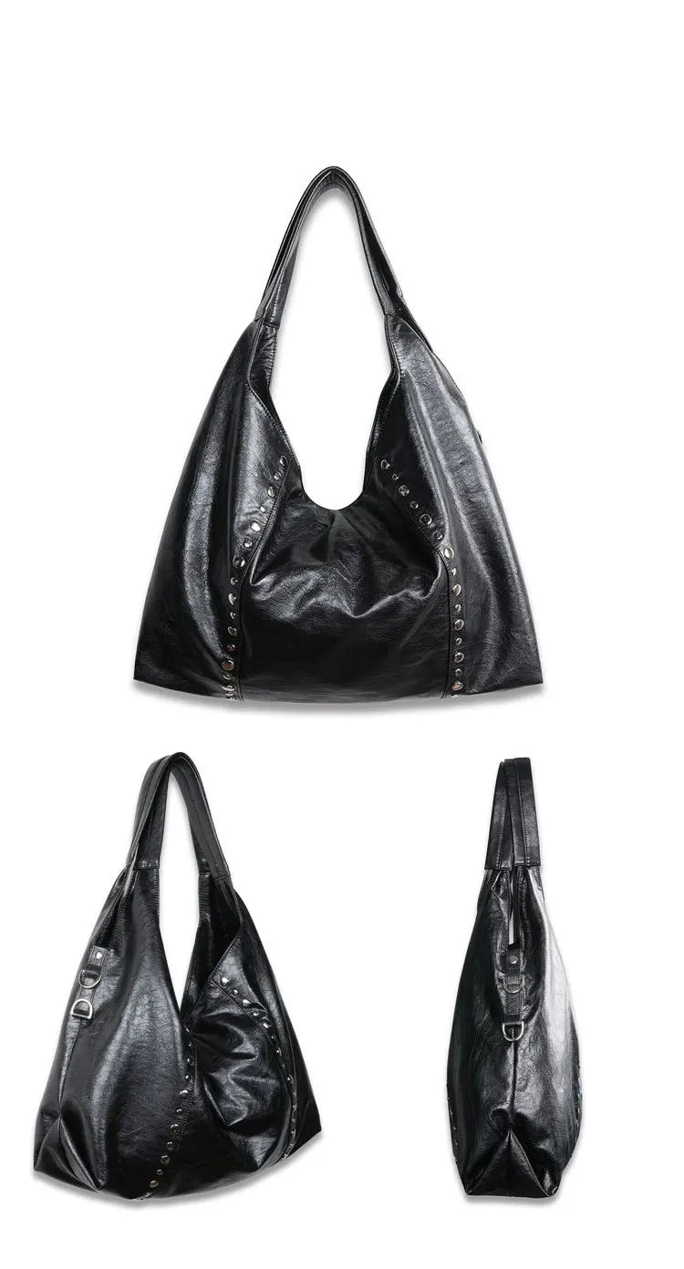 Rivet Women Shoulder Bag Large Capacity Versatile New Soft PU Single Shoulder Underarm Bag Casual Commuting Tote Black Handbag