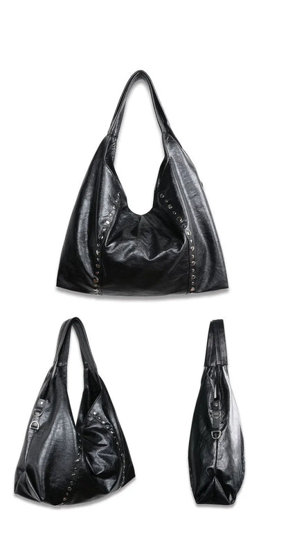 Rivet Women Shoulder Bag Large Capacity Versatile New Soft PU Single Shoulder Underarm Bag Casual Commuting Tote Black Handbag