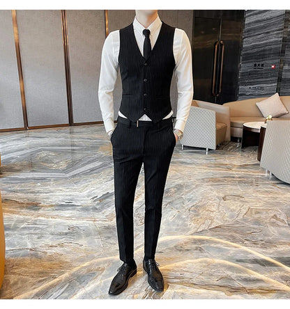 ( Blazer + Vest + Pants ) High-end Formal Casual Business Striped Fashion Men's 3 Piece Suit Groom Wedding Dress Suit