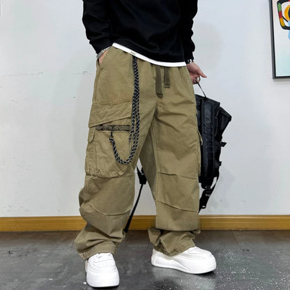 American Premium Cargo Pants Mens Pleated Baggy Multi Pocket Streetwear Oversized Straight Leg Casual Spring Fall Trendy Male