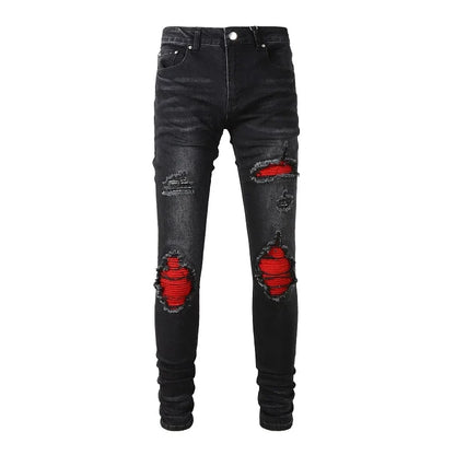 Men's Cracked Red Pleated Patch Biker Jeans Streetwear Patchwork Stretch Denim Pants Skinny Tapered Black Trousers