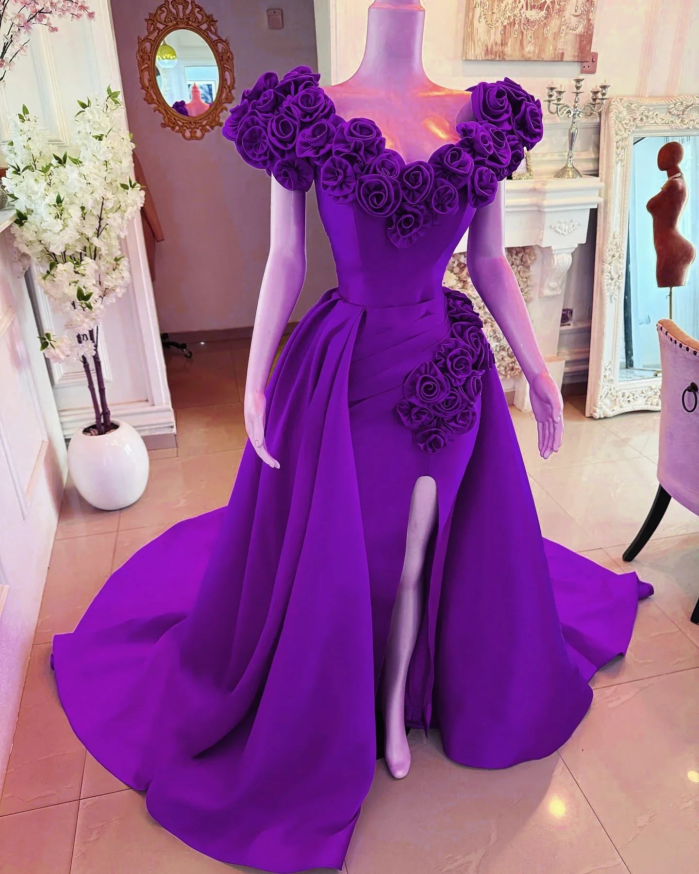 RFYR Off Shoulder Evening Dress A-Line Prom Dress 3D Flowers Embroidery Satin High Slit Celebrity Gala Dresses Customized