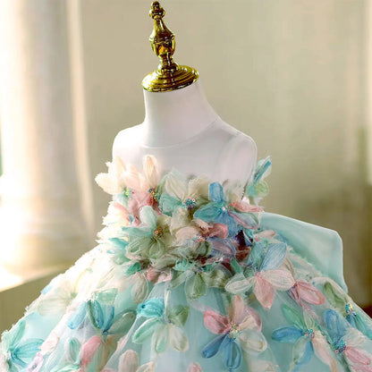 D113 Elegant Turquoise Flower Girl Dress Lace Knee Length Princess Children Wedding 1st Birthday Pageant Party Gown
