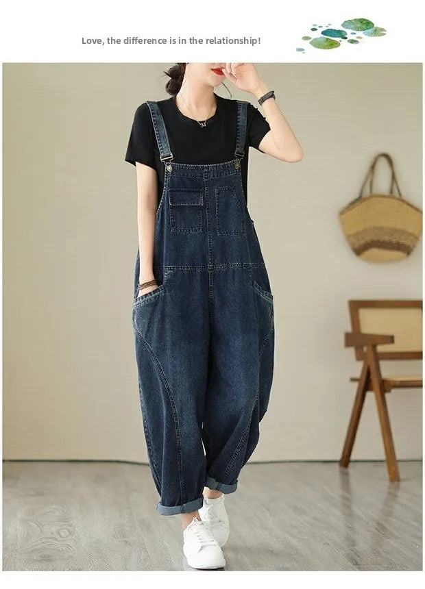 Fall Women's Loose Jeans Overalls Deep Blue High Waist Design Sensation plus Size Faion plus Size Women's Loose Slimming
