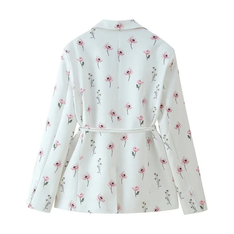 Women's Floral Print Blazer, White Pink Flower Casual Suit Jacket, Notch Lapel Loose Outwear with Tie Waist, Spring Daily Wear