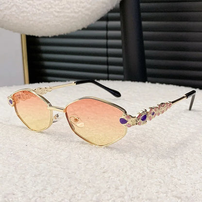 Retro Geometric Polygon Metal Frame Sunglasses with Colorful Enamel Temple Arms UV400 Trendy Women's Fashion Shades Gafas De Sol