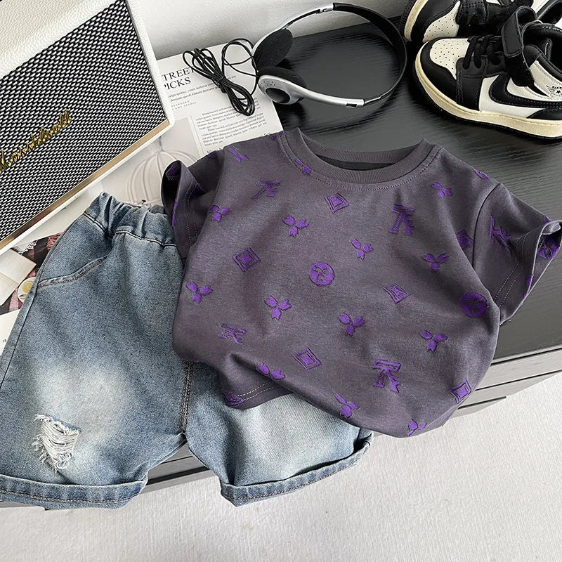 0-5Years New Baby Boys Girls Summer Clothes Multi Symbol Hot Dye T-shirt Denim Shorts 2pcs/sets Children Clothing Tracksuits Set
