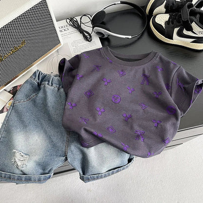 0-5Years New Baby Boys Girls Summer Clothes Multi Symbol Hot Dye T-shirt Denim Shorts 2pcs/sets Children Clothing Tracksuits Set