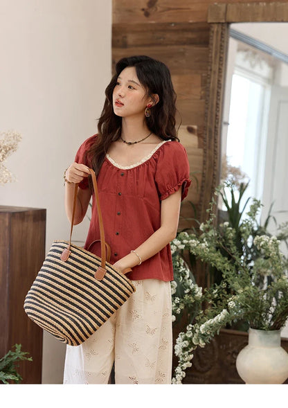 French Summer Shirts for Women 2025 Short Puff Sleeve Lace Colla Slimming Blouses Female Sweet Fashion New MXE35X1827