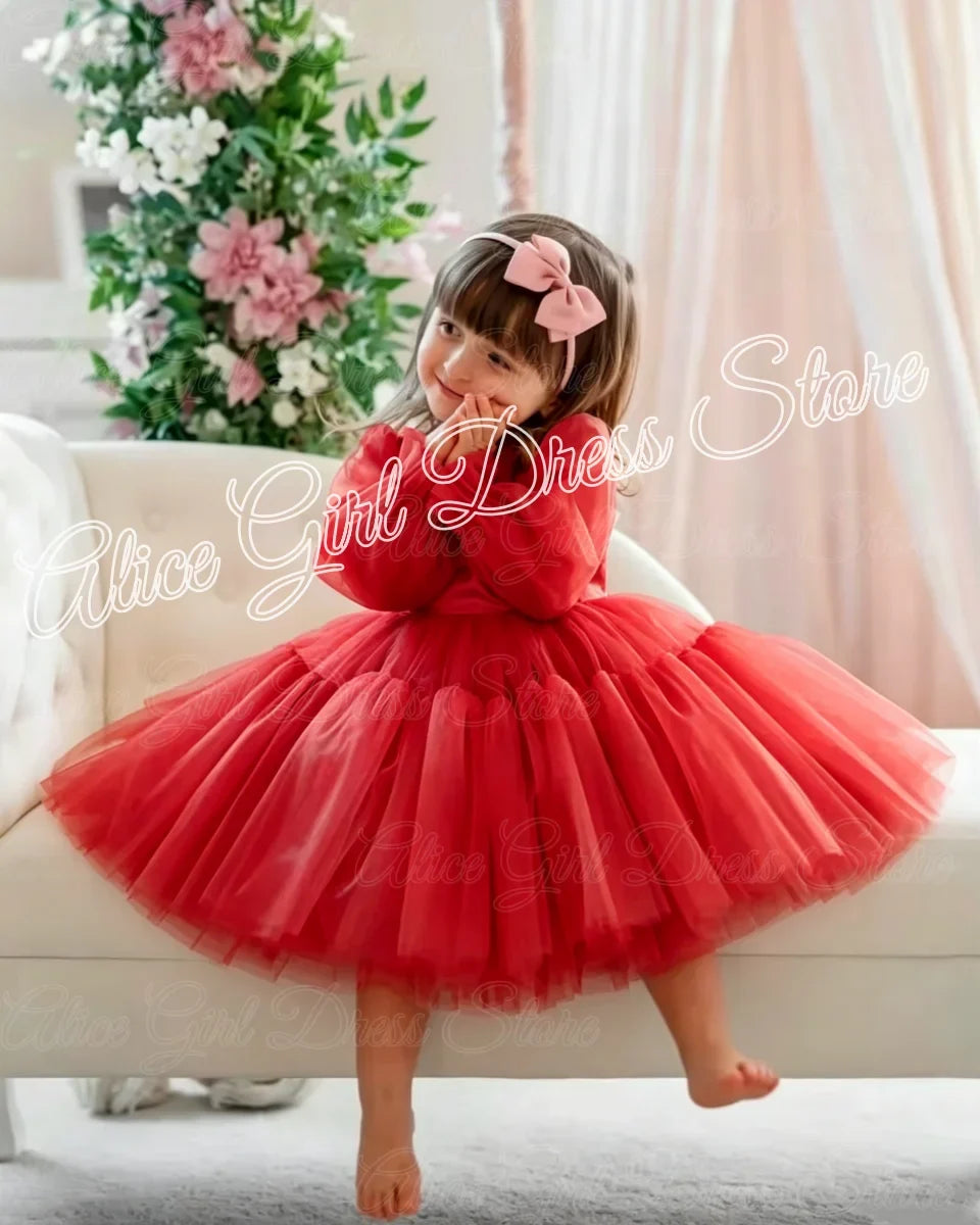Customized Lovely Pink Flower Girl Dress For Wedding Puffy Knee Length Kids Birthday Party First Communion Ball Gowns