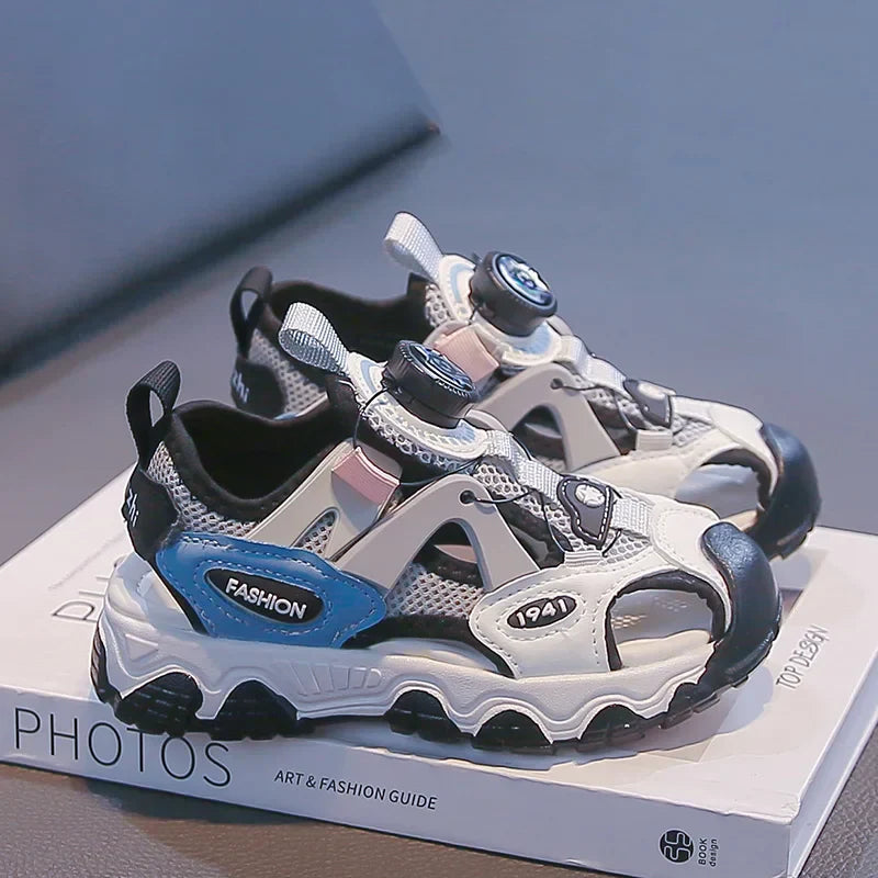 Kids Shoes Rotating Button Closed-Toe Boys Sandals Breathable Mesh Sport Shoes for Boys, Non-Slip Children Summer Sneakers
