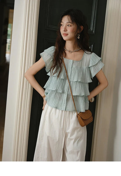 Butterfly Sleeve Chiffon Shirt Women's 2025 Summer New Women's Clothing Retro Square Neck Button Casual Shirt MXD30X1488