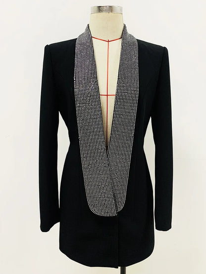 HIGH STREET 2026 Runway Fashion Designer Jacket Women's Stylish Backless Rhinestone Diamonds Beaded Shawl Collar Long Blazer