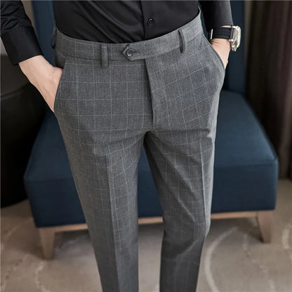 2026 High Quality Men's Plaid Striped Suit Pants Fashion Business Slim Fit Casual Straight Pants Formal Wedding Party Trousers