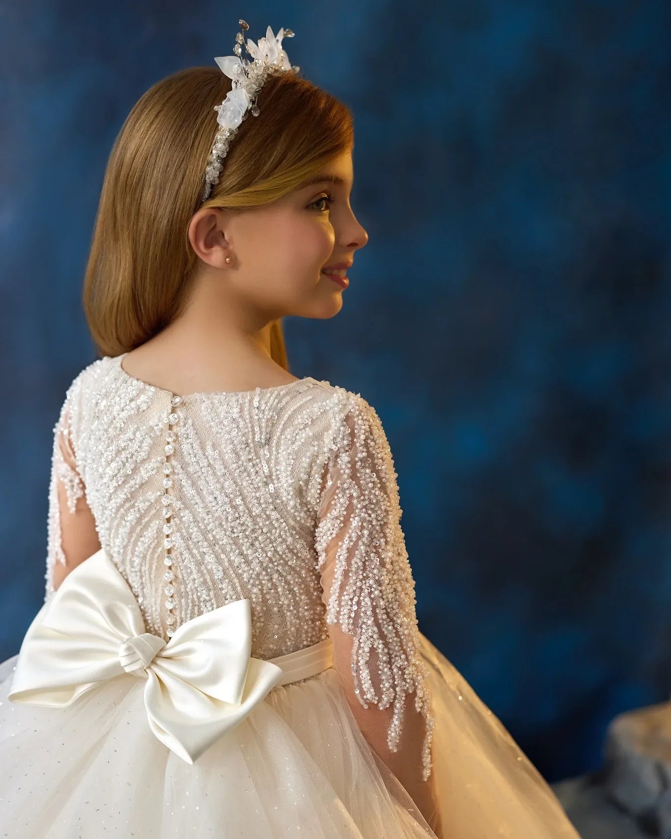 Ivory Flower Girl Dresses For Wedding Beaded Bow Customized Long Sleeve Baby First Communion Dresses