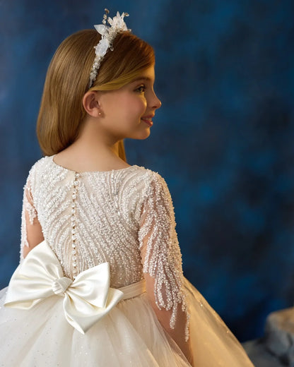 Ivory Flower Girl Dresses For Wedding Beaded Bow Customized Long Sleeve Baby First Communion Dresses