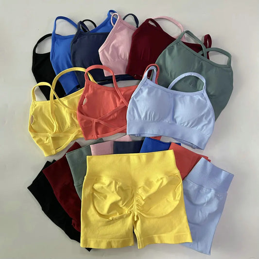No Logo Women 2 Pieces Yoga Set Cross Straps Bra Beautiful Back Tops High Waist Sport Short Scrunch Bum Workout Short Gym Suit