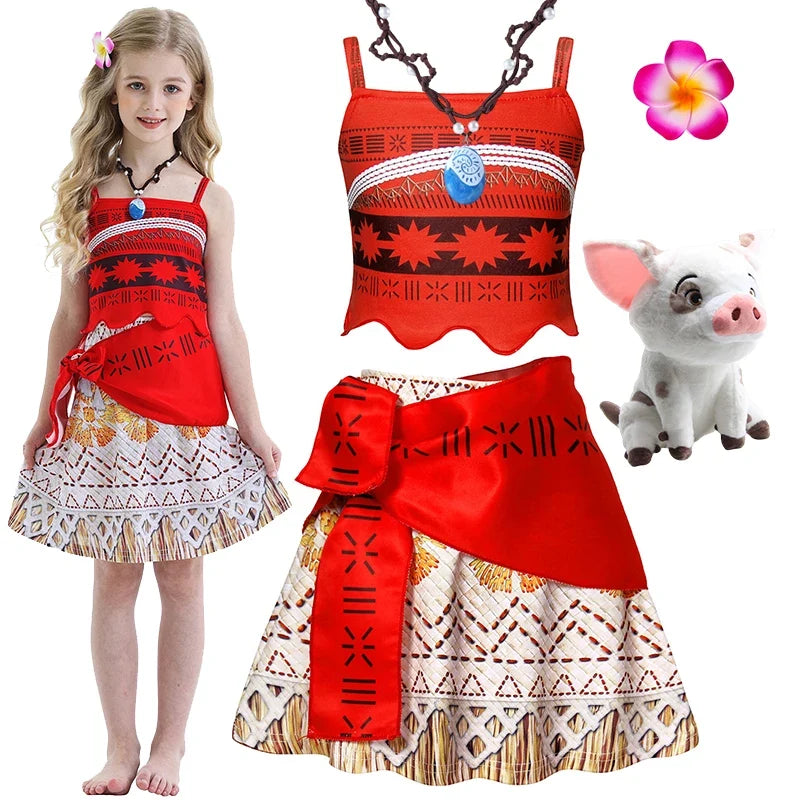 New Dress Girls Princess Clothes Kids Dress Up Vaiana Necklace Pig Chick Children Carnival Party Summer Costume Set 2-10T