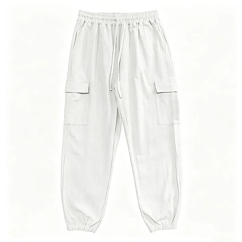 Men's Cotton Linen Blend Cargo Jogger Pants Elastic Waist Drawstring Multi Pockets Casual Breathable Streetwear Trousers for Men