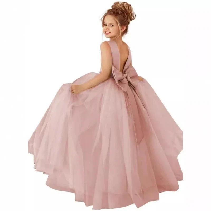 Customized Flower Girls Dress Dusty Pink Pearls Belt With Bow For Wedding Birthday Banquet Prom Ball Holy Communion Gowns