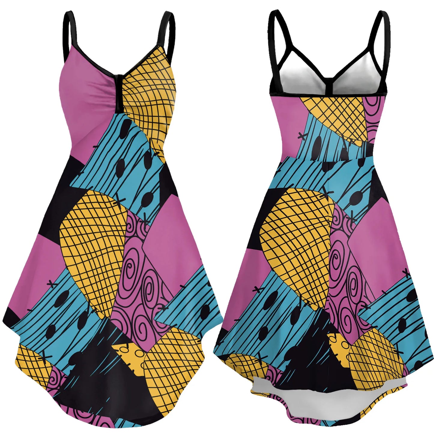 Halloween Nightmare Christmas Sally Dress Spaghetti Strap Women's Sexy Backless Dresses Patchwork Vestidos