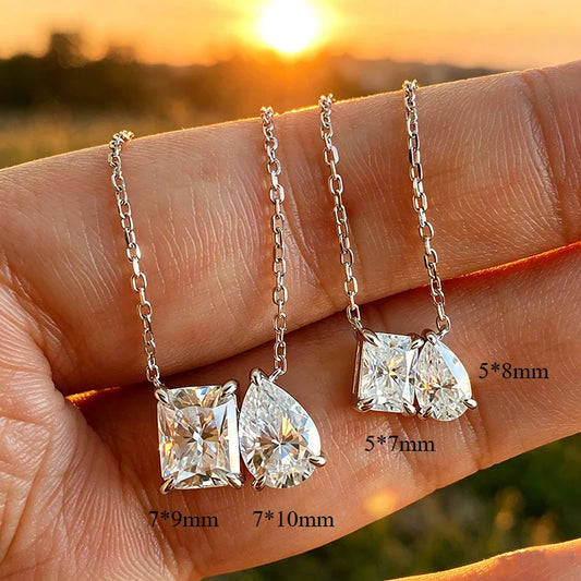 2-5CTTW Radiant Cut Moissanite Necklace for Women 2 Stones Luxury Lab Diamond Pendant S925 Sterling Silver Plated 18K