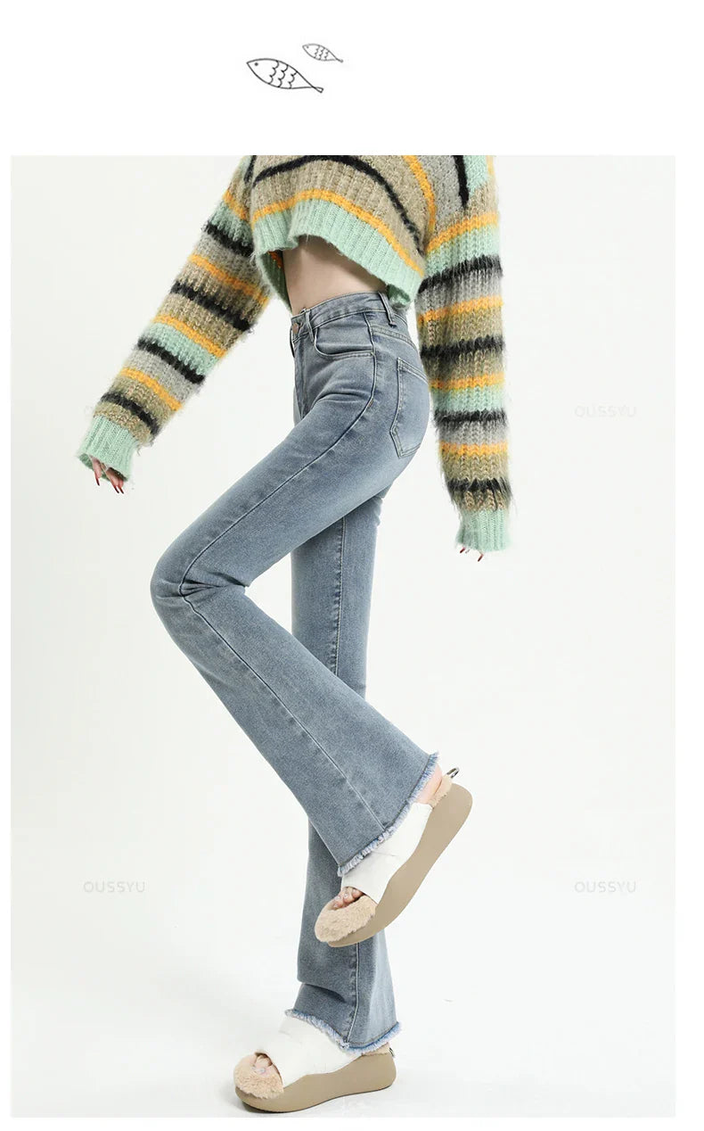Spring Summer Flared Jeans Women Cotton Vintage Blue Denim Pants Streetwear Elastic High Waist Slim Harajuku Trouser Plus Length