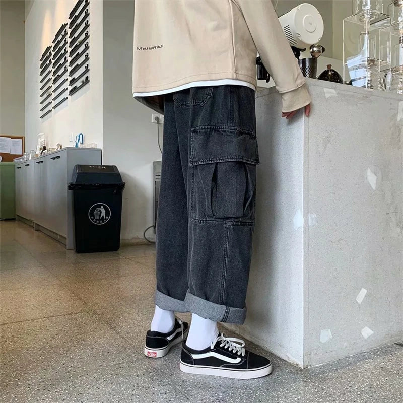 Baggy Jeans Men's Oversize Streetwear Fashion Wide Leg Cargo Pants Hip Hop Harajuku Multi-Pocket Denim Trousers Black Blue