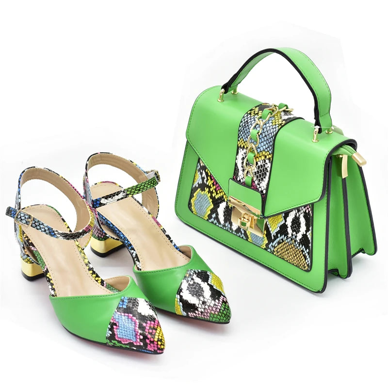 New Design Italian Shoe and Bag Set for Party In Women Ladies Shoes and Sandals Snake Print Heels Wedding Shoes for Women Bride