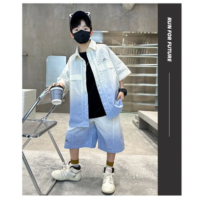Fashion Kids Clothing Set Shirt Shorts Summer Suit for Teenage Boy Loose Casual Gradient Color Clothes Set Child Luxury Outfit
