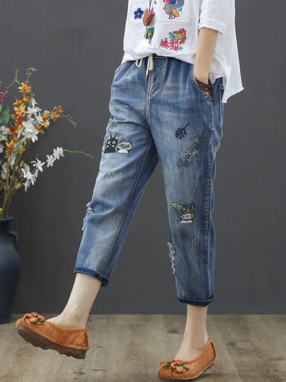 2025 Fashion Summer Streetwear Denim Trousers Ladies Vintage Elastic Jeans Womens Casual Loose Embroidery Harem Pants