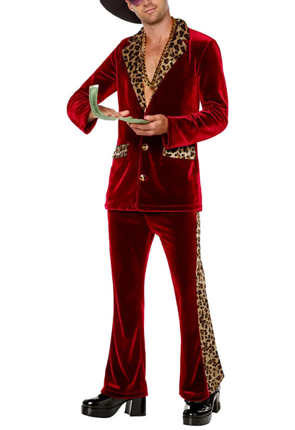 Luxury Men's Velvet Suit Notch Lapel Jacket Leopard Print Patchwork Trim Wide Leg Flare Trousers Tuxedo Cosplay Prom Event