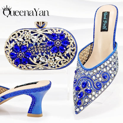 New Design Specials Italian Women Heels Shoes and Bag in Pink Color Comfortable Heels With Rhinestone for Part